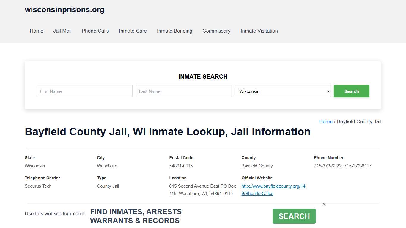 Bayfield County Jail, WI - Offender Locator, Contacts, Inmate Info